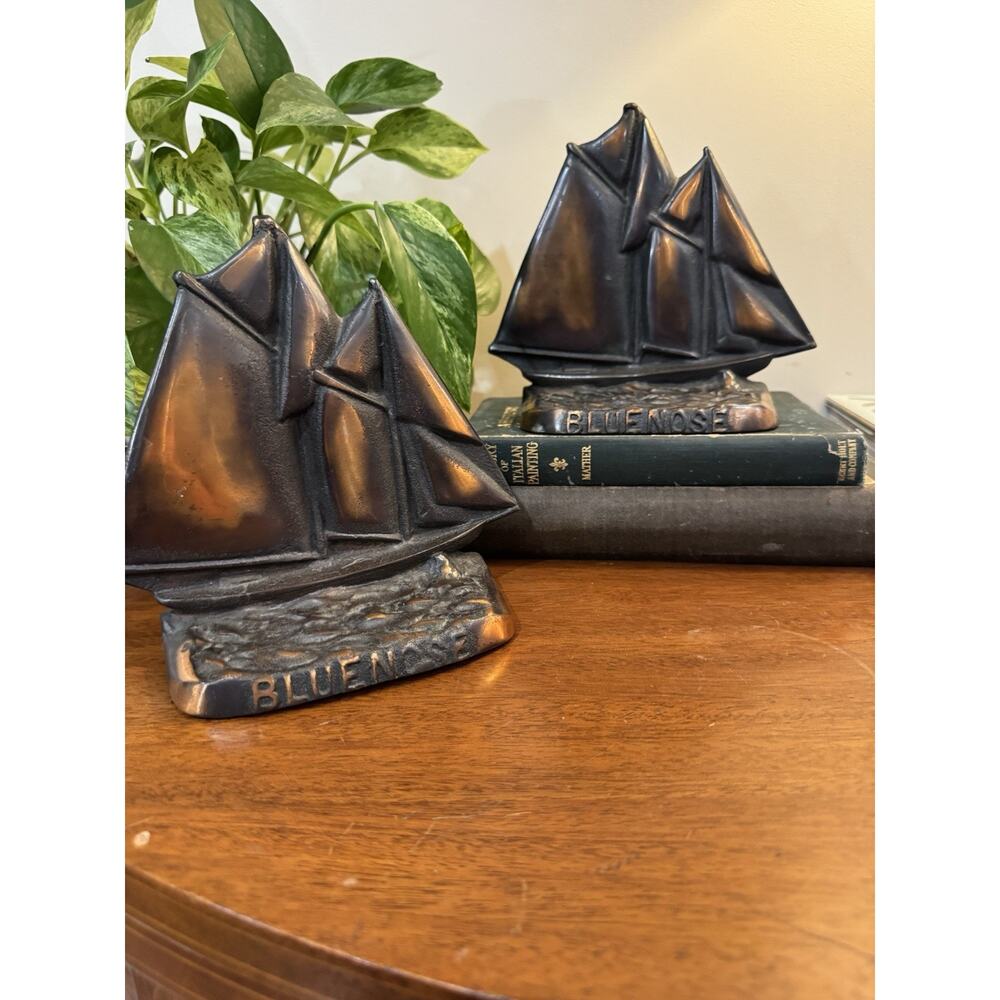 1950s Bluenose Schooner Ship Bookends Bronze Tone Cast Iron Canada Nova Scotia